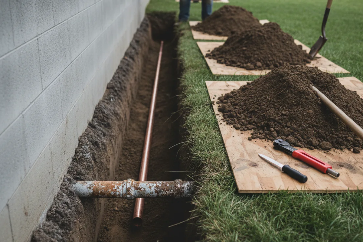 Excavated water line trench during Sewer Line Repair in Cashiers